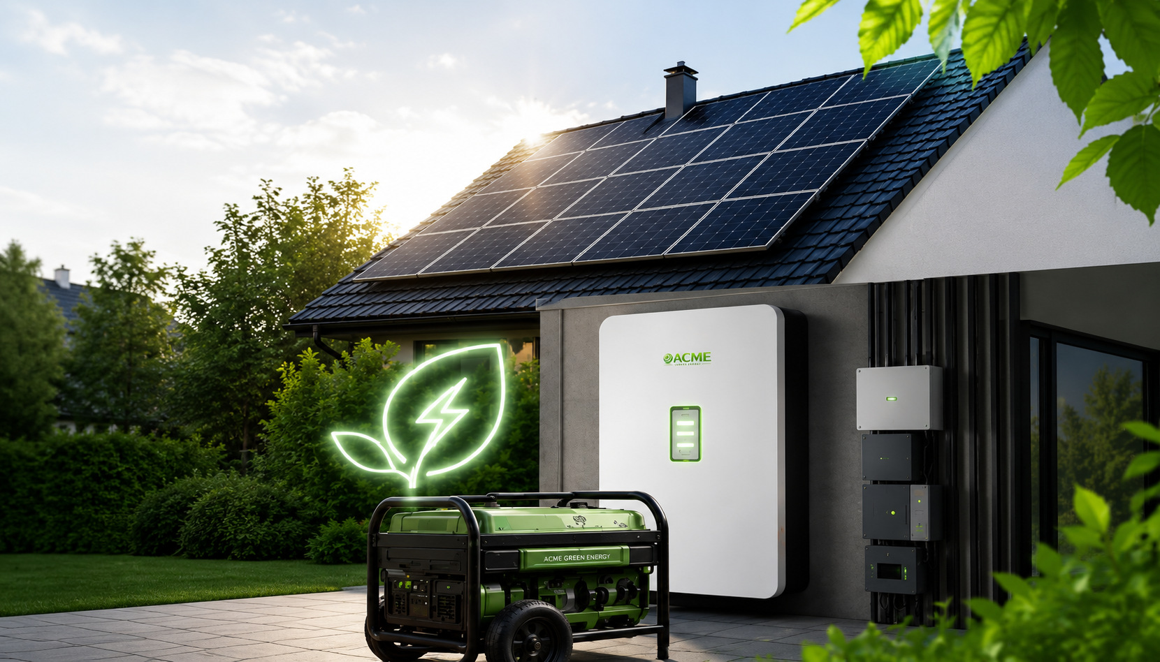 Dom z panelami fotowoltaicznymi, magazynem energii i agregatem prądotwórczym